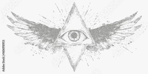 Winged eye with a triangle in the middle. Vintage stipple drawing with dotted halftone texture, photocopy paper grain and clear threshold effect.