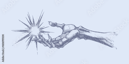 Hand is holding a star, surrounded by a blurry circle. Retro sketch with noisy halftone shading, paper photocopy grain and bold threshold contrast, nostalgic art.