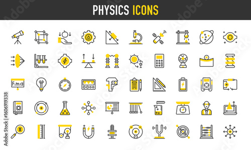 Physics vector icons. Weight Scale, Length, Negative Ion, Microscope, Mass, Caliper, Gyroscope, Telescope, Refraction, Formula, 3d Cube, Positive Ion, Spring illustration.	
