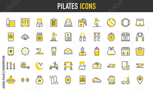 Pilates vector icons. Sneakers, Body, Pilates Ball, Timer, Sleep, Treadmill, Energy Drink, Kettlebell, Clipboard, Health Check, Mat, Locker Room, Hot Stones, Music illustration.	

