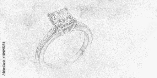 Close up of a ring with a lot of dots. Retro stipple art with visible halftone pattern, rough photocopy grain and high threshold details.