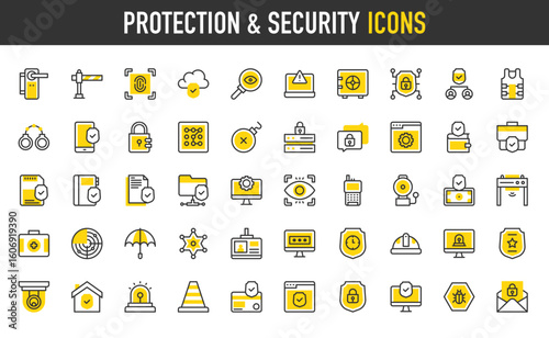 Protection and security vector icons. Home, Warning, Security, Malware, Phone, Data Protection, System, Ftp, Find, Alert, Police, Email, Protector Vest, Credit Card illustration.	
