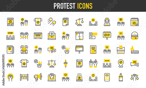 Protest vector icons. Middle Finger, Respect, Negotiate, Injustice, Agree, Protest, Fist, Helmet, Human Rights, Respect, Disagree, Rocks, Against, Equal, Barrier illustration.	
