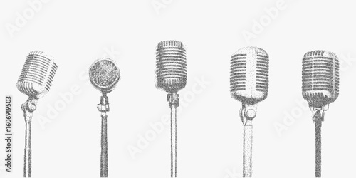 Row of microphones different sizes and shapes. Old photocopy look with stipple dots, rough halftone shading and bold threshold edges for vintage vibe.