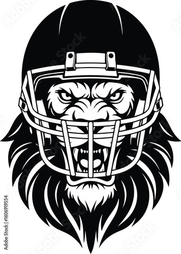 A black and white illustration of a lion wearing an american football helmet with a fierce expression