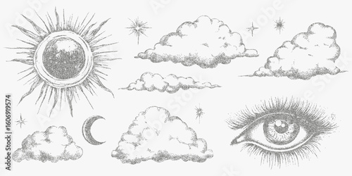 Drawings of clouds and sun. Classic retro stipple drawing, noisy halftone layer, paper photocopy texture and high contrast threshold lines.