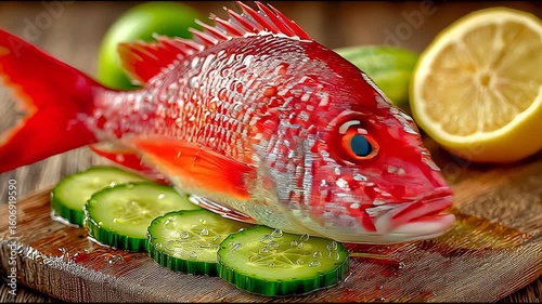 A vibrant whole red sea bream resting on cucumber slices, with lemon and green apple in the background, prepared for sashimi