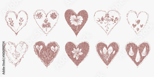 Hearts with details on them. Simplified stipple design with dusty halftone effect, copy machine texture and defined threshold outlines.