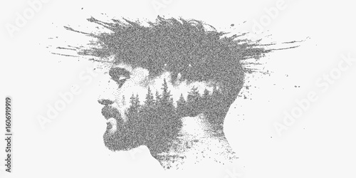 Man's head is shown in a blurry, grainy style. Black ink stipple effect, halftone texture, and photocopy threshold filter for a grunge finish.