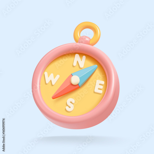 Minimal 3D vector compass icon with directional letters on yellow and pink base, representing navigation, orientation, or travel concepts.