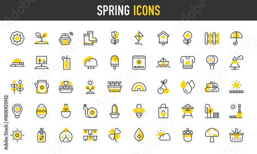 Spring vector icons. Clover, Park, Egg, Sun, Leaf, Fence, Water Drops, Cherries, Plant, Rainbow, Flower, Plant, Lemonade, Calendar, Shopping Bag, Paper Boat illustration.	
