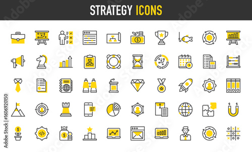 Strategy vector icons. Pie Graphic, Mountain, Puzzle, Skills, Planning, Gear, Value, Money Bag, Trophy, Analysis, Investment, Tie, Podium, Worldwide, Fishing Baits illustration.	
