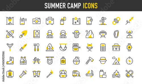 Summer Camp vector icons. Campfire, Carabiner, Trees, Rucksack, Camera, Walkie Talkie, Inflatable Boat, Thermo Flask, Map, Signpost, Camping, Knife, Guide Book illustration.	
