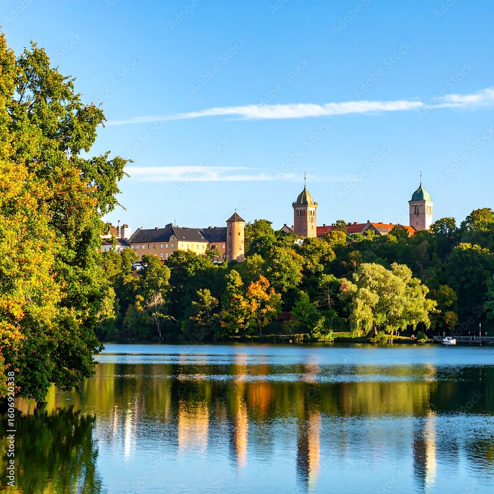 Naklejka premium Autumnal lake scene with castle in background
