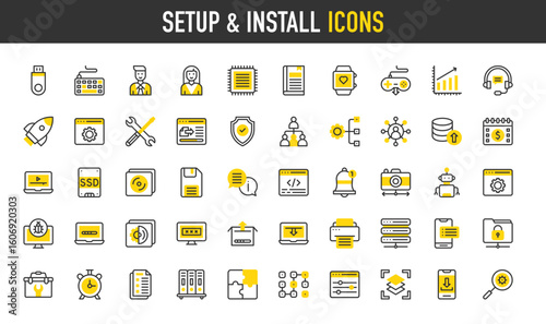 Set up and install vector icons. App Installation, Puzzle, Disk, Smart Watch, Rocket, Customer Support, Businessman, Data, Coding, Network, Search, Password illustration.	
