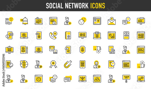 Social network vector icons. Likes, Negative Comment, Status, Call, Admin, Verified User, Suspicious, Post, Search Profile, Like, Follow, Laptop, User, Chat, Delete illustration.	
