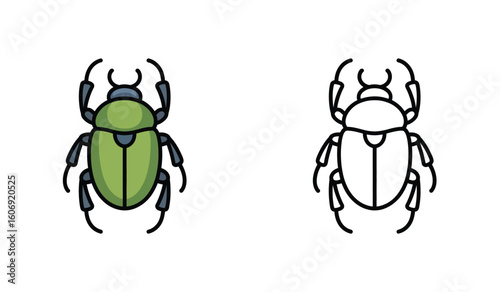Colorful and Line Art Illustration of a Green Scarab Beetle with Detailed Legs and Antennae