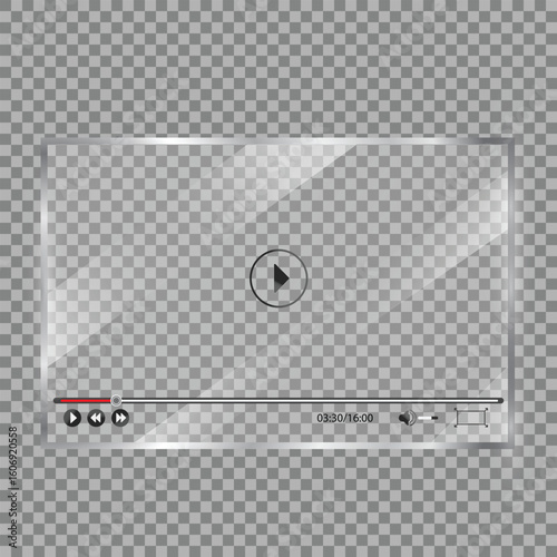 Web video interface player mockup with glass design and play icon featuring clean layout template for streaming app media content or UX concept
