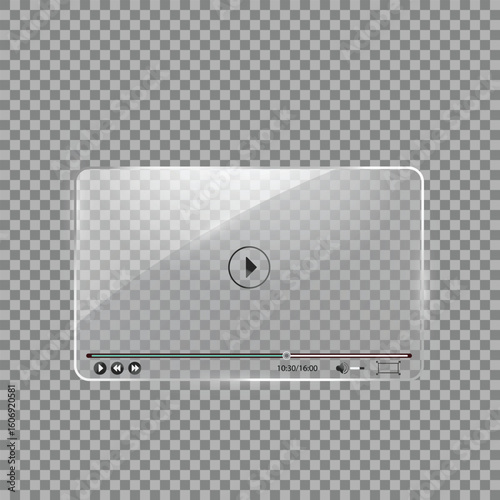 Realistic glass media player window with video icon red control bar clean template layout perfect for app UI or streaming web design presentation
