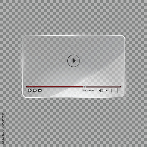 Flat transparent glass screen with minimalist play icon for UI video template media player or digital streaming interface presentation design

