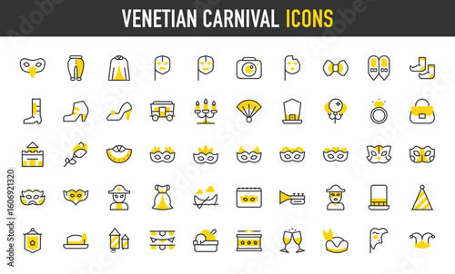 Venetian carnival vector icons. Purse, Carnival Mask, Diamond Ring, Jester Hat, Cheers, Phantom Of The Opera, Eye Mask, Top Hat, Party Hat, Flag, Fireworks, Drum illustration.	
