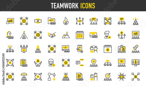 Teamwork vector icons. Meeting, Best Employee, Umbrella, Money, Insurance, Partnership Handshake, Hierarchy Structure, Social Network, Videoconference illustration.	
