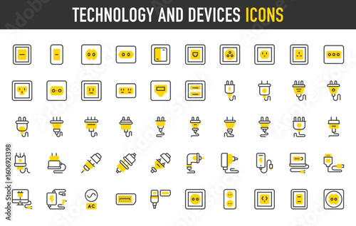 Set of Technology and devices vector stroke icons. such as wire, device, wireless illustration.	
