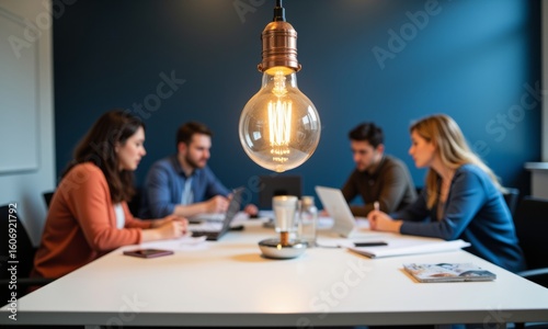 People working together in a meeting room around a table with an illuminated vintage light bulb overhead