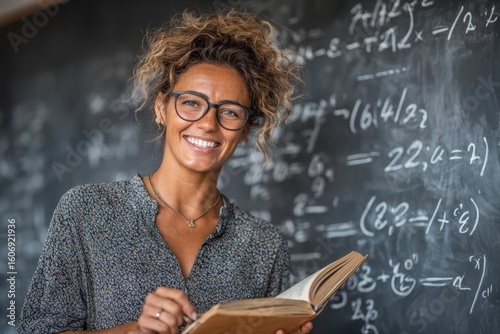 A female teacher in glasses is happily smiling as she reads a book. She holds the book in one hand and her glasses in the other, displaying a joyful expression.