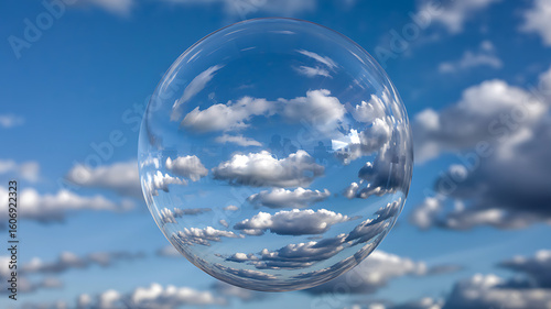 Sky clouds in a glass orb reflection showing the blue sky and white cloudscape view