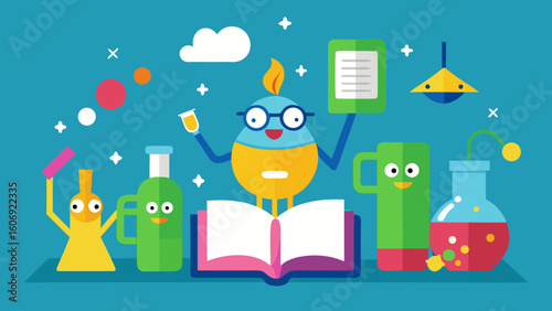 fun cartoon science class with gadgets and open books