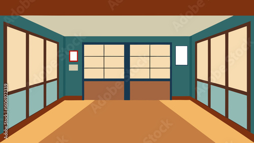 japanese school interior with sliding windows