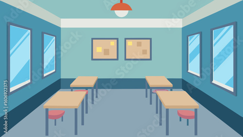 minimalist empty classroom with soft lighting and desks