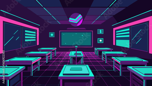 neon lit tech classroom for futuristic theme