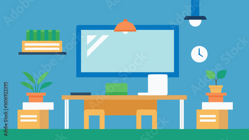 modern classroom with projector clean desks and chairs