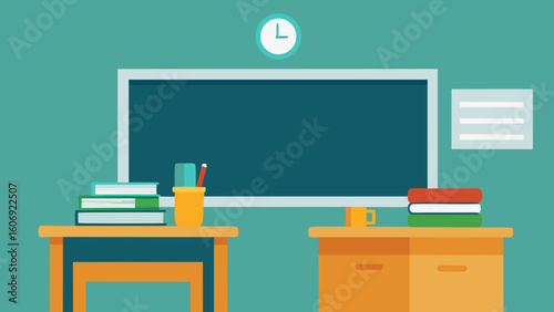 teacher desk facing chalkboard in a tidy room
