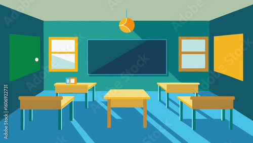 sunlight board desks empty classroom bright learning