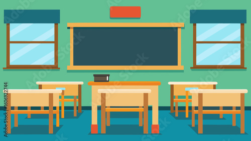 wooden desks chalkboard classic empty classroom school