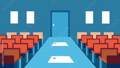 empty exam hall with roll call sheets and id desk