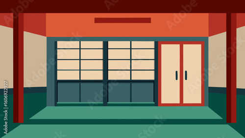 japanese school interior with sliding windows