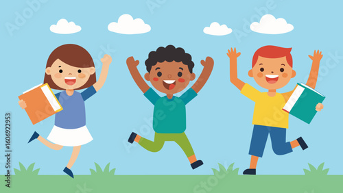 kids holding books and jumping with excitement in school