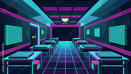 neon lit tech classroom for futuristic theme
