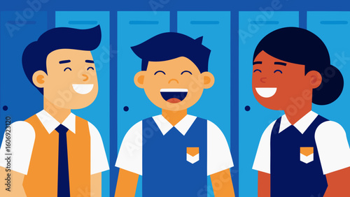 students in uniform laughing and chatting near lockers