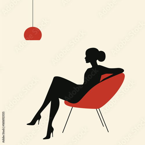 Flat illustration of Girl sitting on chair, Silhouette of Lonely Girl inside room