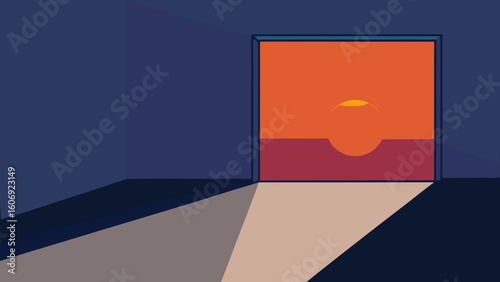 sunset light casting shadows in empty room with benches