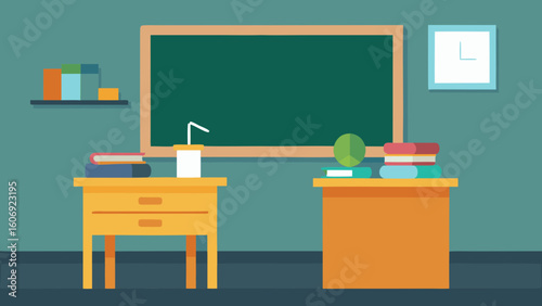 teacher desk facing chalkboard in a tidy room
