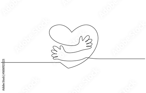 Continuous one line drawing of heart symbol with hand embrace vector illustration. Editable outline