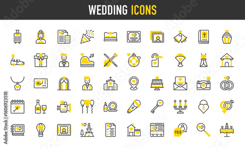 Wedding vector icons. Location Pin, Proposal, Suitcase, Website, Wedding Dinner, Photo Album, Honeymoon, Budget, Sex Symbol, Wedding Rings, Checklist, Home, Search illustration.	
