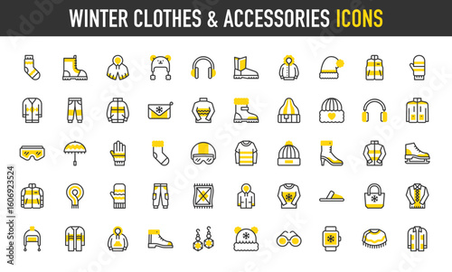Winter clothes and accessories vector icons. Pants, Blanket, Hoodie, Earmuffs, Helmet, Socks, Raincoat, Sweatpants, Jacket, Sweater, Mittens, Raincoat, Slippers illustration.	

