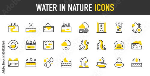 Water in nature vector icons. Evaporation, Recycling Water, Vapors, Lake, Cove, River, Creek, Raining, Drops, Tide, Puddle, Mountains illustration.	
